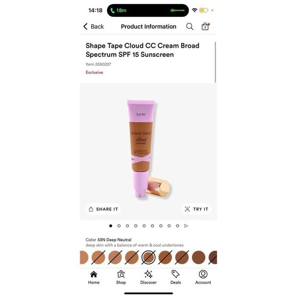 Tarte Broad Spectrum SPF 15 Shape Tape Cloud Coverage. 53N Deep Neutral - Picture 9 of 9